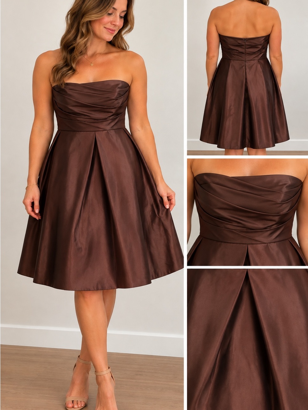 Melissa Sweet Brown Satin Strapless Cocktail Dress Size 16
